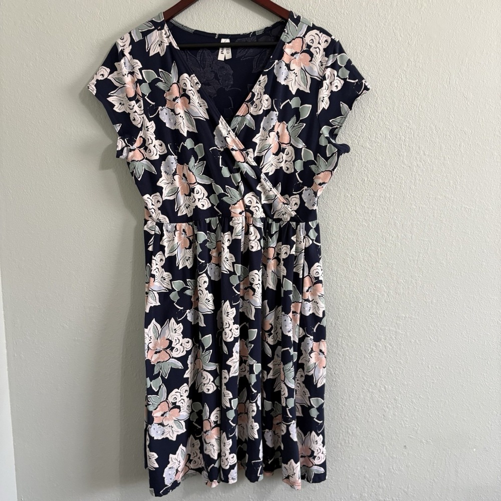 Pact Organic Cotton Floral Faux Wrap Dress XXL Navy Pink Short Sleeve Stretch - Picture 2 of 14